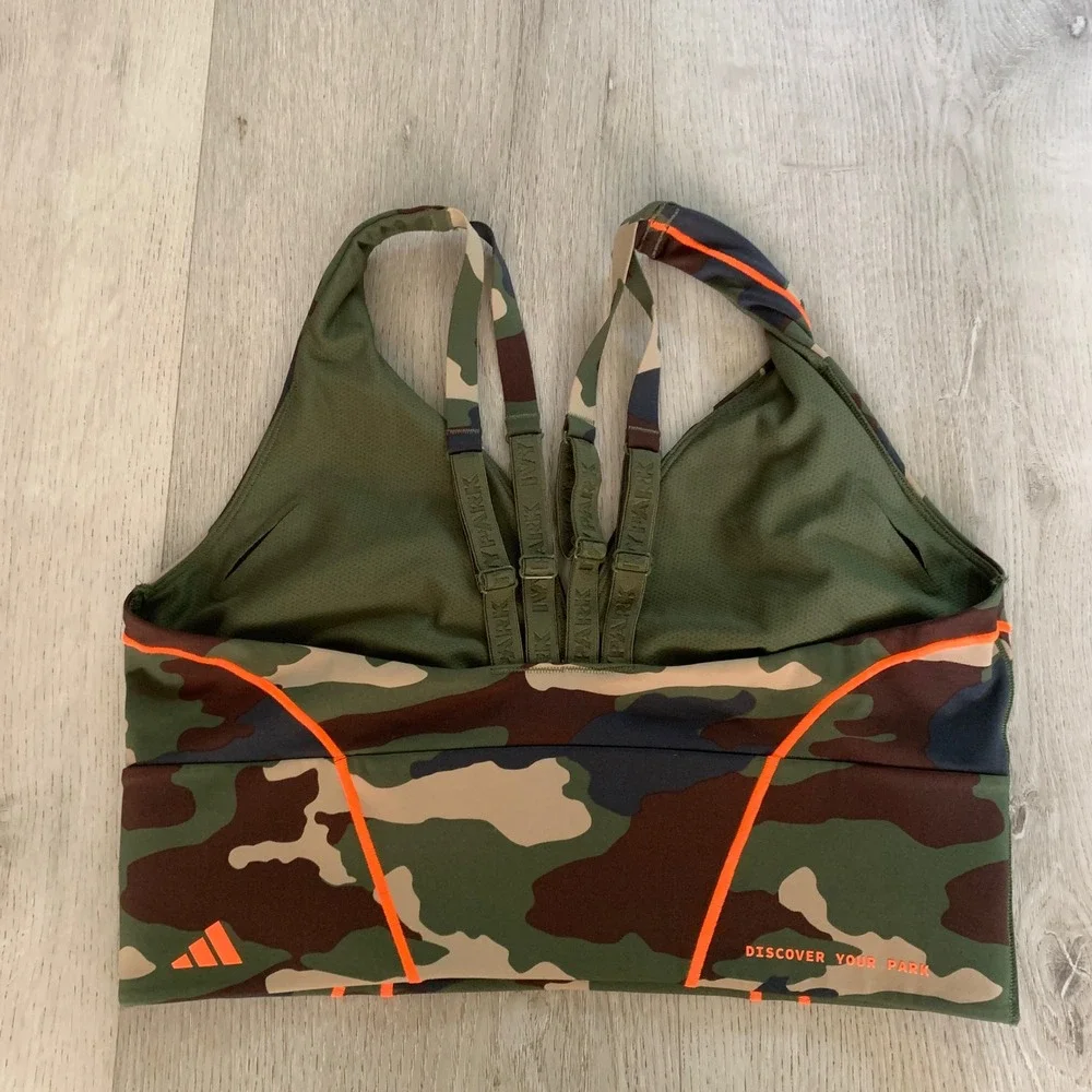 Adidas x Ivy Park Camo Sports Bra Neon Orange Piping Green Brown Camouflage